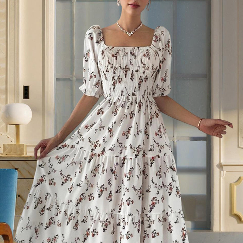 Women's Square Neck Short Sleeve A-Line Floral Print Dress Ruffled Sleeves Bust Smocked Elastic Boho Summer Vacation Dress