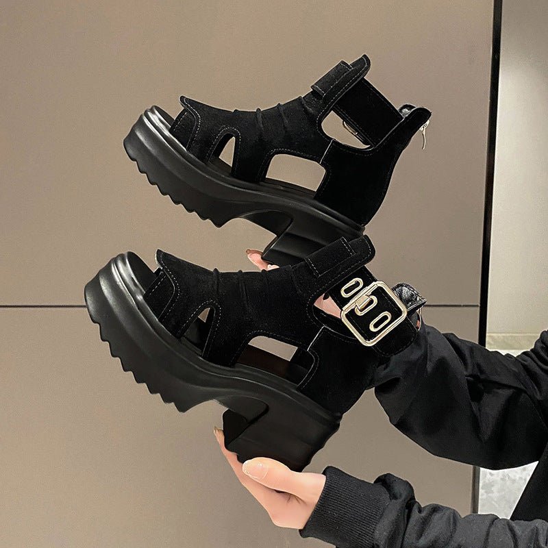 Women's Roman Platform Shoes Hollow-out Chunky Heel Platform Sandals