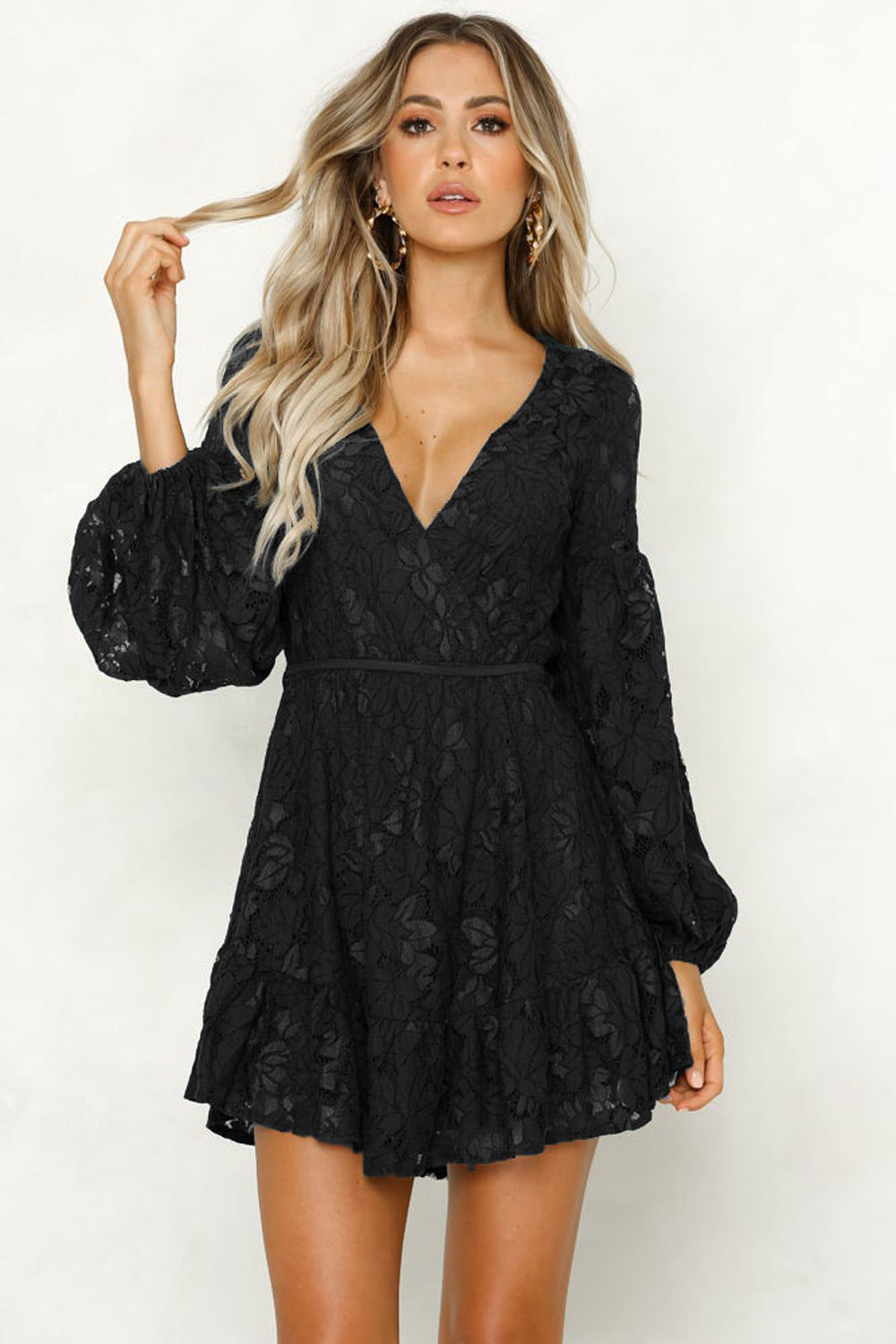 Backless V-neck Lantern Sleeve Lace Dress