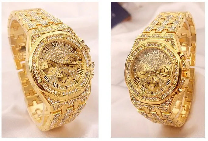 2022 Reloj Hombre Ice Out Watches Luxury Business Yellow Gold Watches Men Full Rhinestone Quartz Wristwatches Male Clock