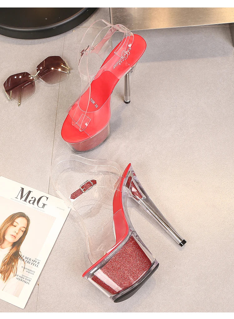 High Heel 17cm Model Show Night Club Fun Women Sandals Pole Dancing Shoes Sequined Platform Practice Performance Dancing Shoes