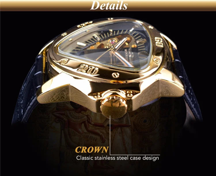 WINNER GMT996 New Selling Triangle Golden Skeleton Leather Watch for Men Mechanical Automatic Sport Mens Watches for Friend