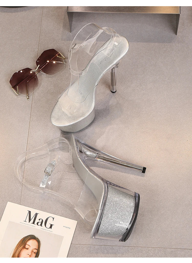 High Heel 17cm Model Show Night Club Fun Women Sandals Pole Dancing Shoes Sequined Platform Practice Performance Dancing Shoes