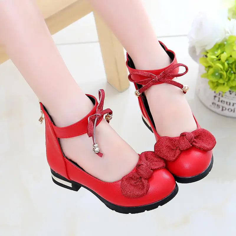 Children's Single Shoes New Girls Low-heeled Square Bow Princess Dance Shoes Student Performance Leather Shoes B122
