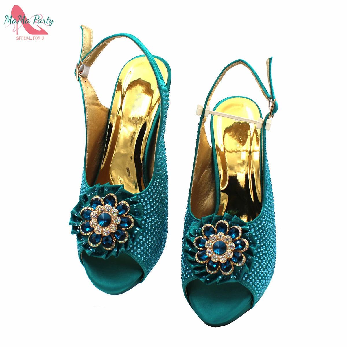African Mature Women Shoes and Bag to Match in Teal Color Comfortable Heels with Platform for Garden Party