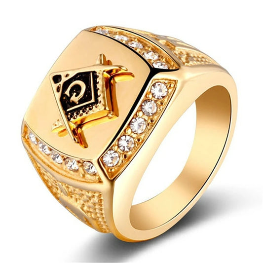 Vintage Ring For Men Masonic Bands Letter Crystal Inlaid Jewelry Anniversary Men Christmas Gift Finger Ring