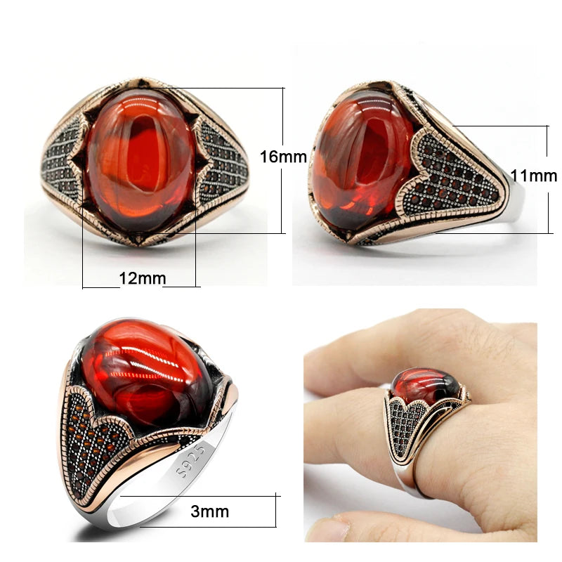 925 Silver Men's Ring Red Garnet Stone Vintage Handmade Turkish Ring for Women Rock Jewelry Christmas Gift for Women Gemstone