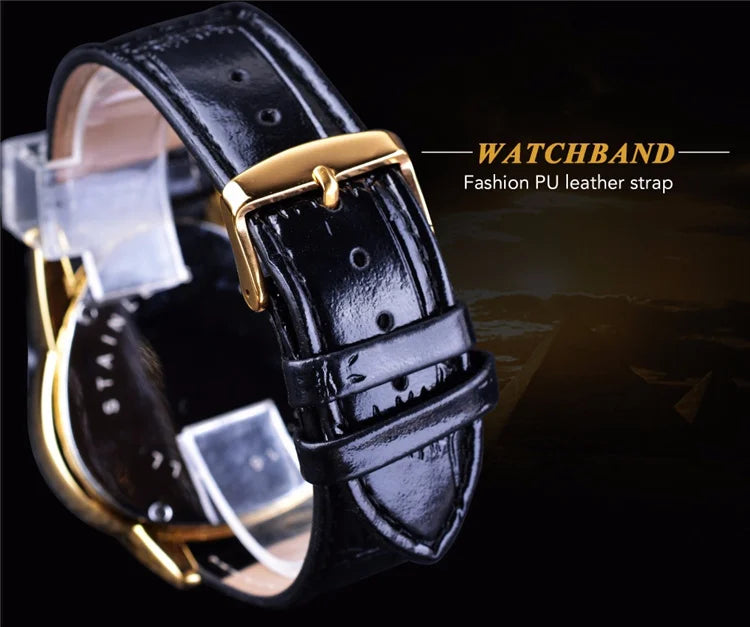 WINNER GMT996 New Selling Triangle Golden Skeleton Leather Watch for Men Mechanical Automatic Sport Mens Watches for Friend