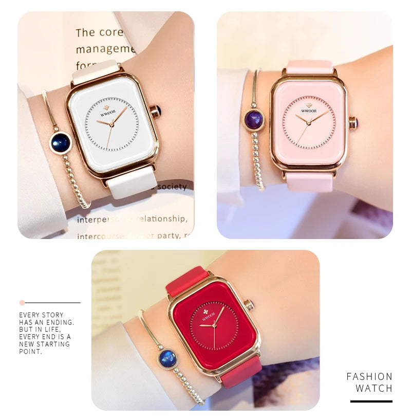 WWOOR Luxury Brand Red Square Watch For Women Quartz Watch Elegant Dress Ladies Wristwatch Simple Female Clock Relogio Feminino