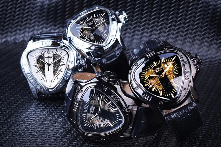 WINNER GMT996 New Selling Triangle Golden Skeleton Leather Watch for Men Mechanical Automatic Sport Mens Watches for Friend