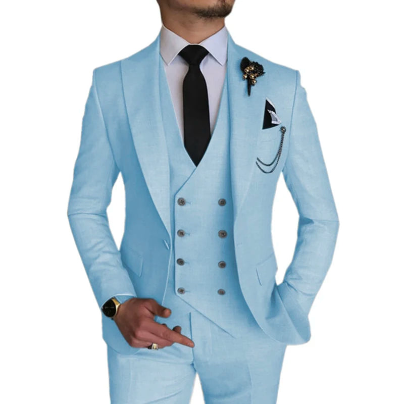 2022 Wedding Tuxedos Latest Groom Suit 3 Pieces Light Blue Groomsmen Formal Party Classic Men Suits