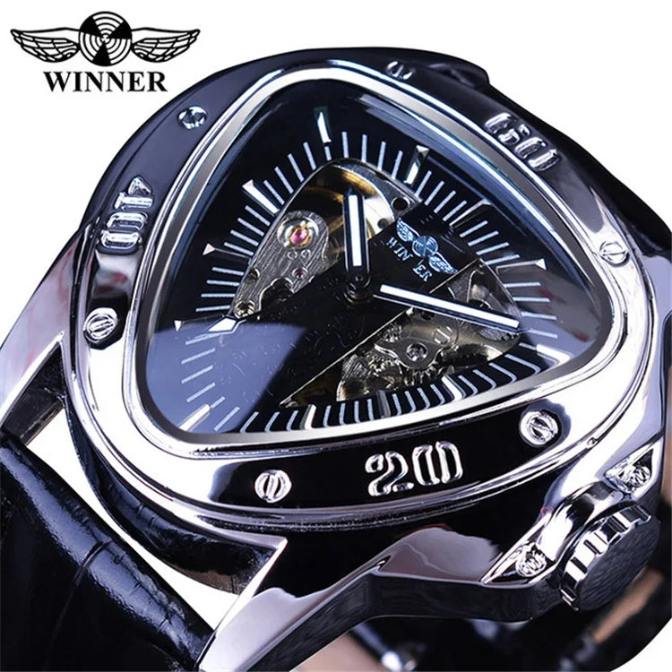 WINNER GMT996 New Selling Triangle Golden Skeleton Leather Watch for Men Mechanical Automatic Sport Mens Watches for Friend