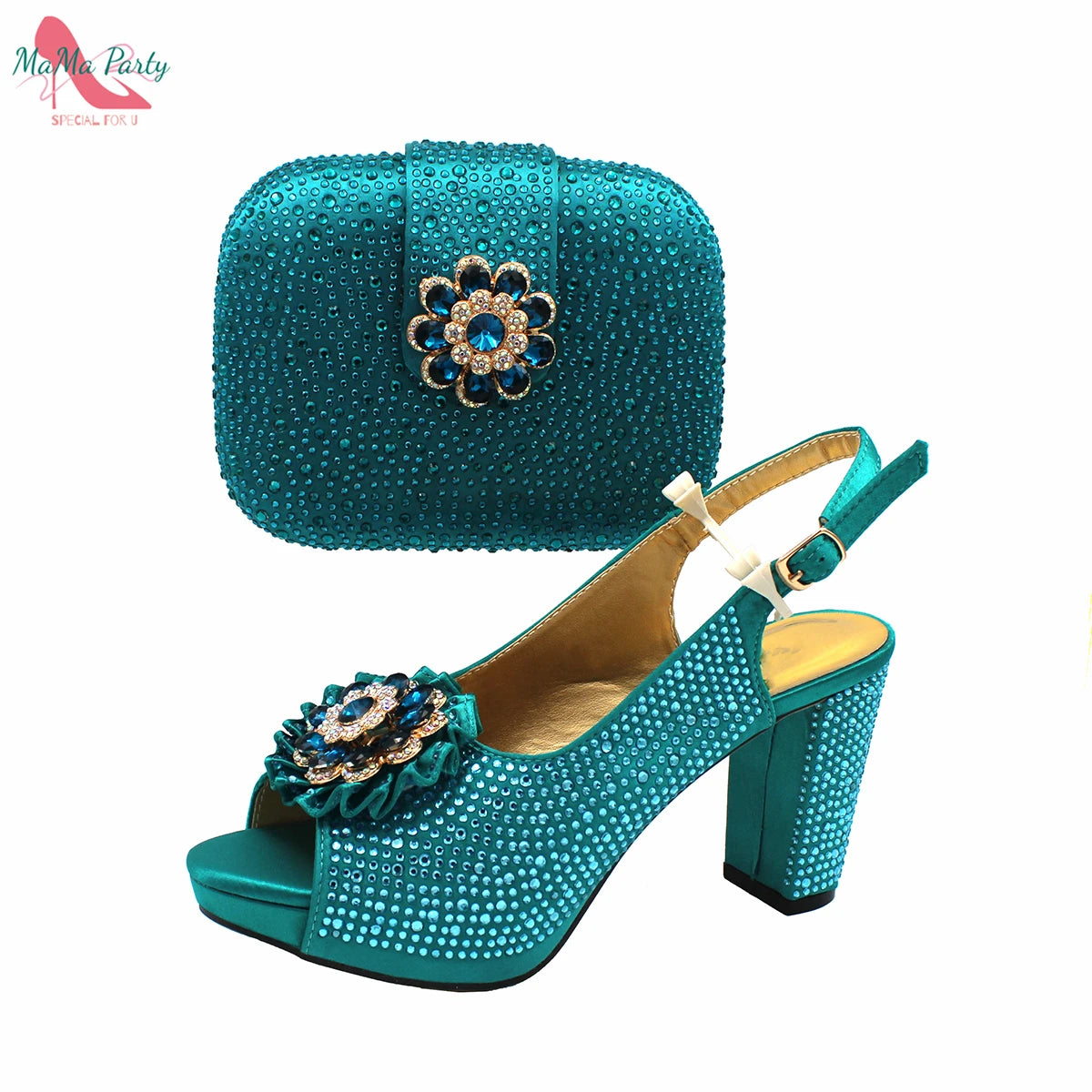 African Mature Women Shoes and Bag to Match in Teal Color Comfortable Heels with Platform for Garden Party