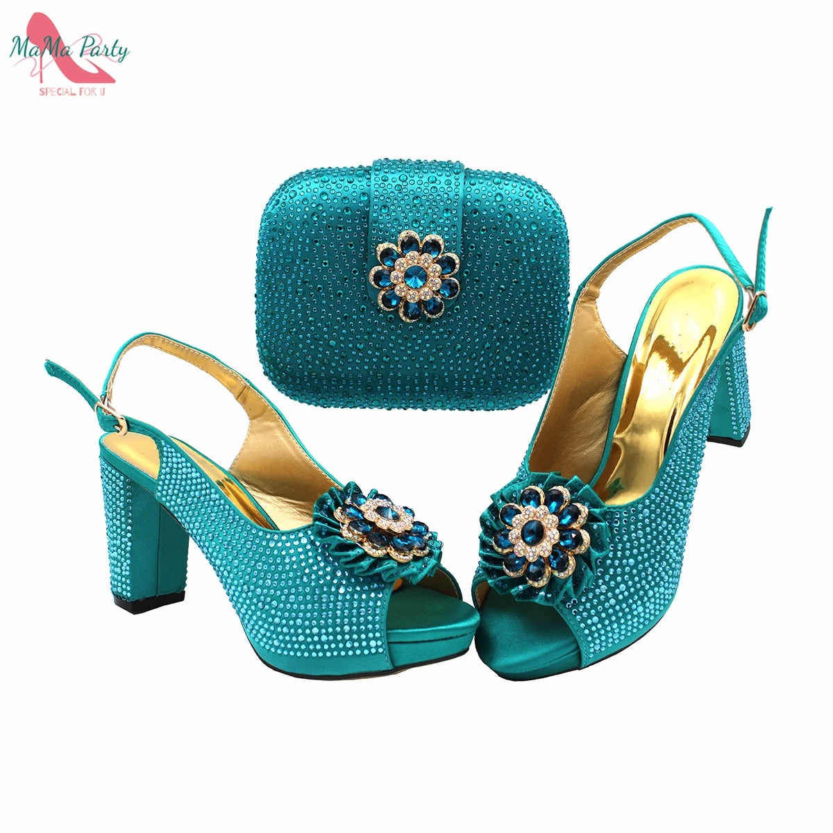 African Mature Women Shoes and Bag to Match in Teal Color Comfortable Heels with Platform for Garden Party