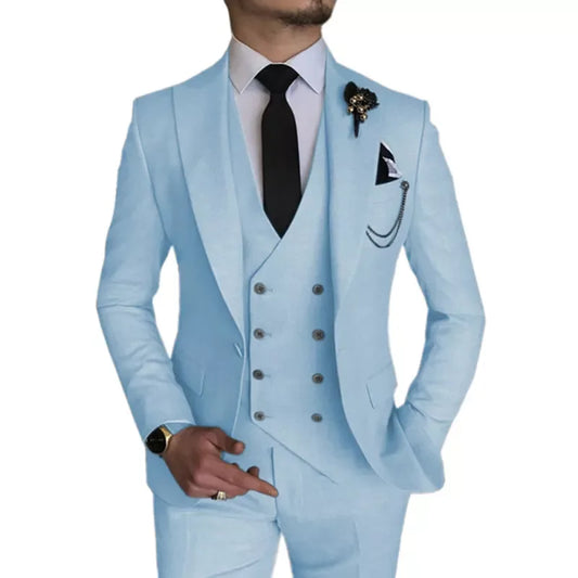 2022 Wedding Tuxedos Latest Groom Suit 3 Pieces Light Blue Groomsmen Formal Party Classic Men Suits