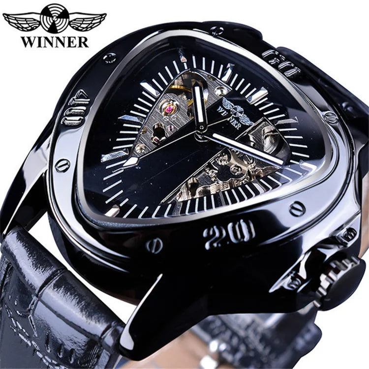 WINNER GMT996 New Selling Triangle Golden Skeleton Leather Watch for Men Mechanical Automatic Sport Mens Watches for Friend