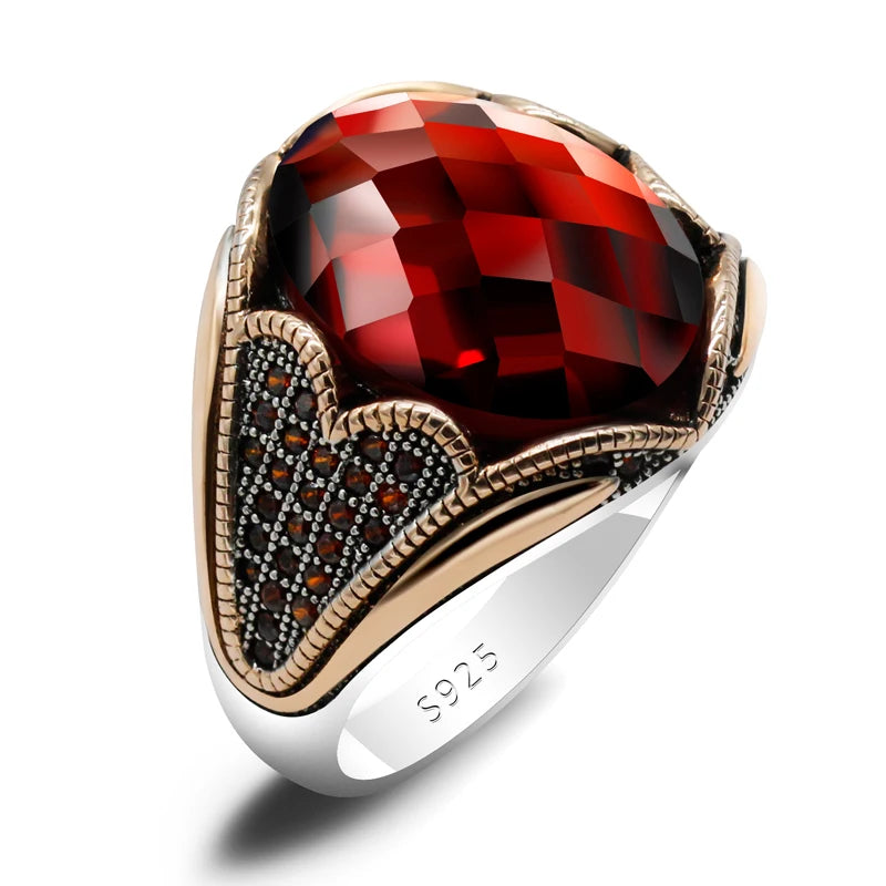 925 Silver Men's Ring Red Garnet Stone Vintage Handmade Turkish Ring for Women Rock Jewelry Christmas Gift for Women Gemstone