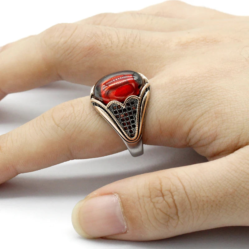 925 Silver Men's Ring Red Garnet Stone Vintage Handmade Turkish Ring for Women Rock Jewelry Christmas Gift for Women Gemstone