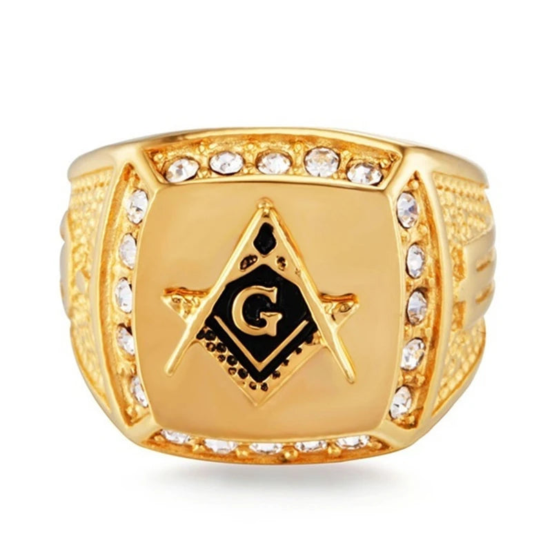Vintage Ring For Men Masonic Bands Letter Crystal Inlaid Jewelry Anniversary Men Christmas Gift Finger Ring