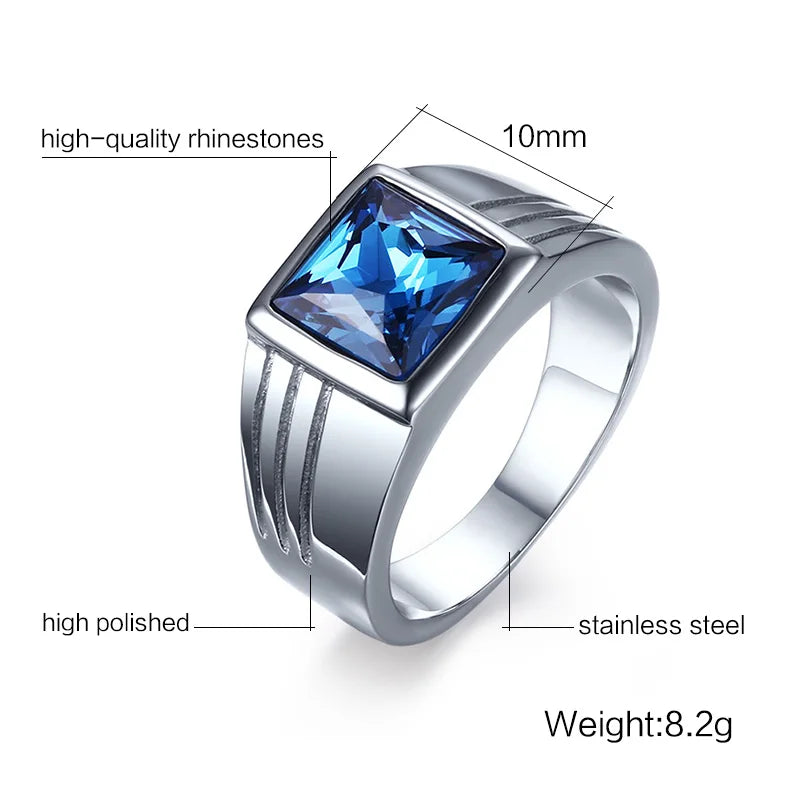Stylish Men Signet Rings Stainless Steel Statement Ring with Rectangle Blue Stone anel masculino