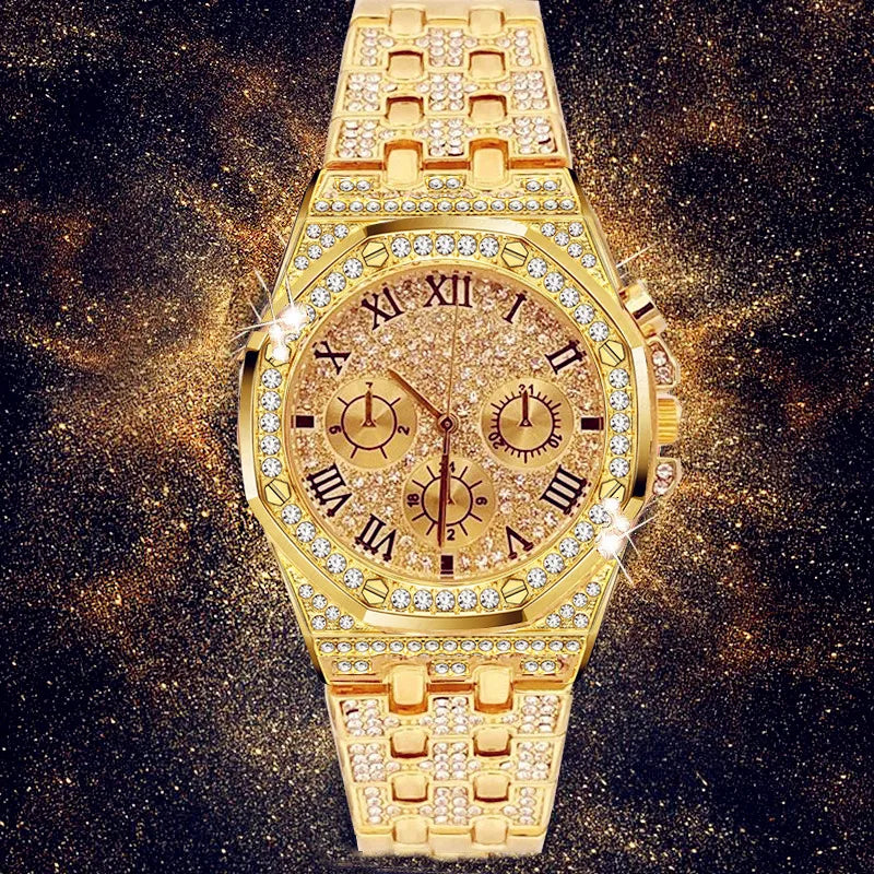 2022 Reloj Hombre Ice Out Watches Luxury Business Yellow Gold Watches Men Full Rhinestone Quartz Wristwatches Male Clock