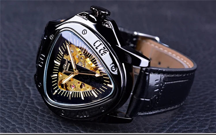 WINNER GMT996 New Selling Triangle Golden Skeleton Leather Watch for Men Mechanical Automatic Sport Mens Watches for Friend