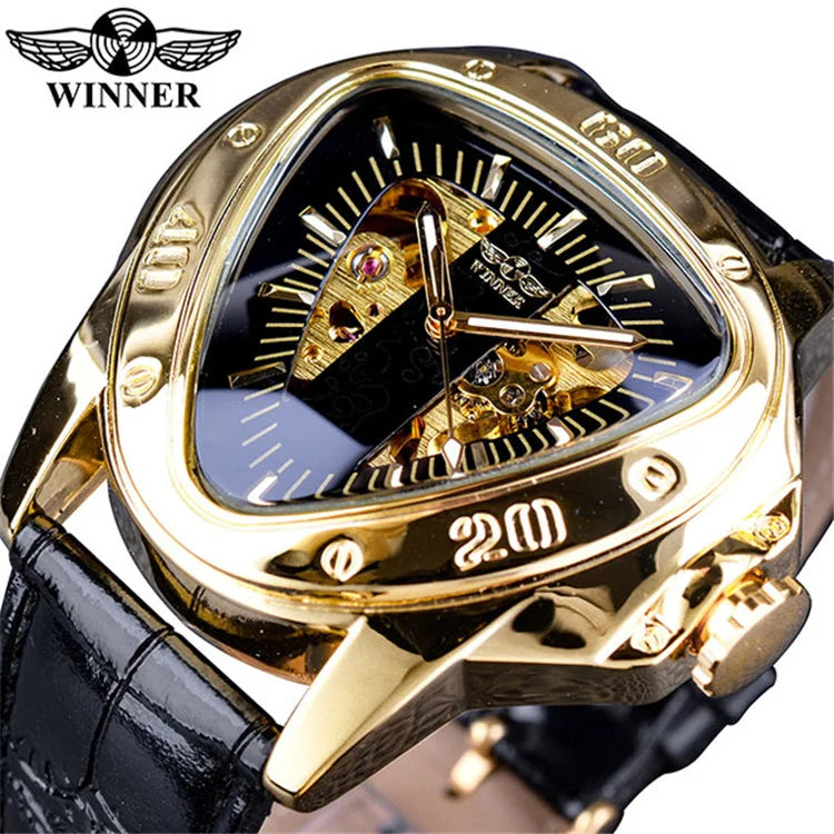 WINNER GMT996 New Selling Triangle Golden Skeleton Leather Watch for Men Mechanical Automatic Sport Mens Watches for Friend