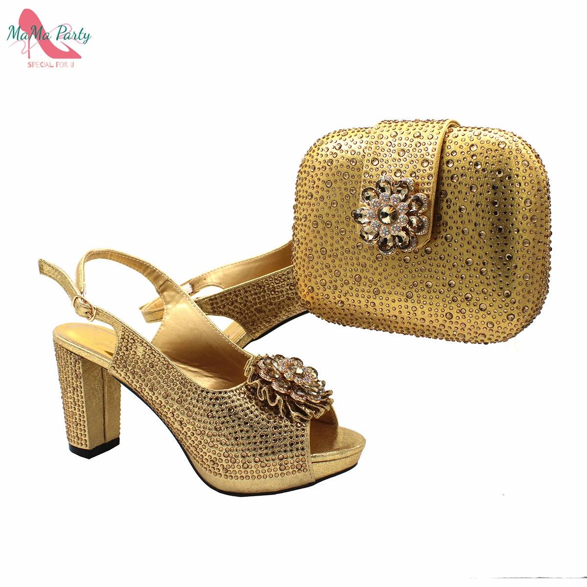 African Mature Women Shoes and Bag to Match in Teal Color Comfortable Heels with Platform for Garden Party