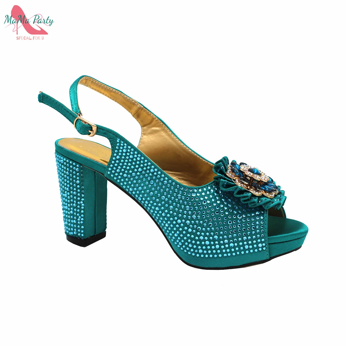 African Mature Women Shoes and Bag to Match in Teal Color Comfortable Heels with Platform for Garden Party