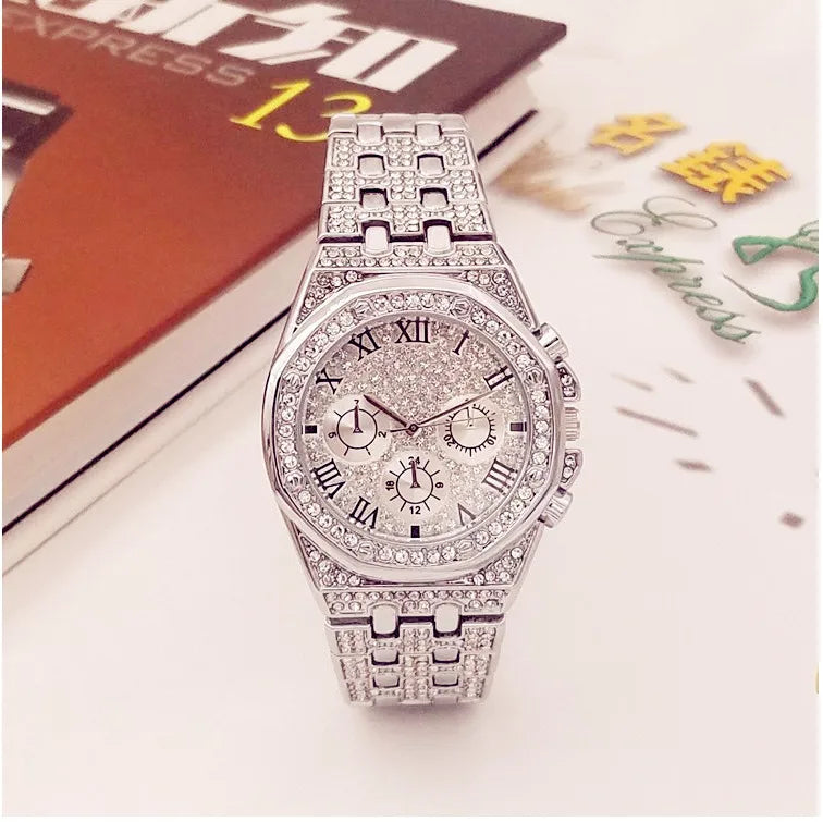 2022 Reloj Hombre Ice Out Watches Luxury Business Yellow Gold Watches Men Full Rhinestone Quartz Wristwatches Male Clock