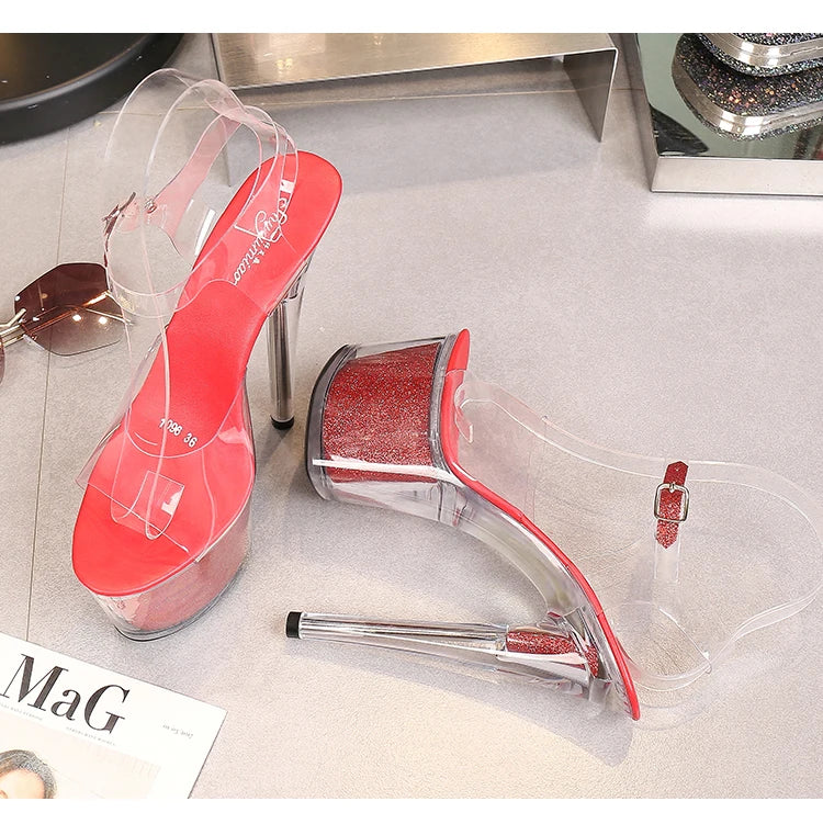 High Heel 17cm Model Show Night Club Fun Women Sandals Pole Dancing Shoes Sequined Platform Practice Performance Dancing Shoes