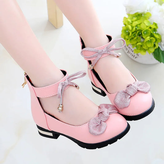 Children's Single Shoes New Girls Low-heeled Square Bow Princess Dance Shoes Student Performance Leather Shoes B122