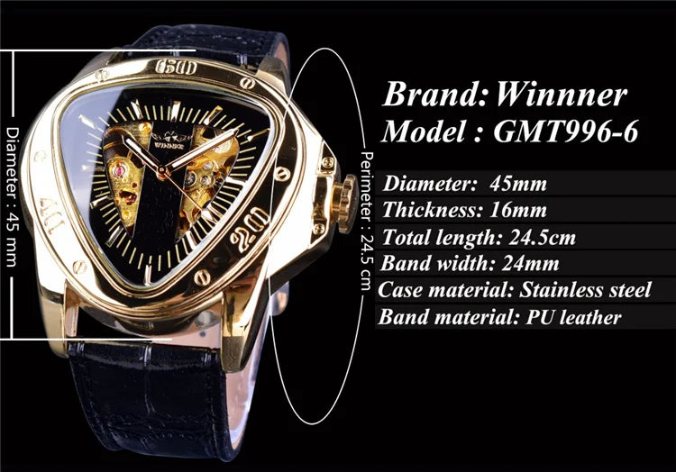 WINNER GMT996 New Selling Triangle Golden Skeleton Leather Watch for Men Mechanical Automatic Sport Mens Watches for Friend