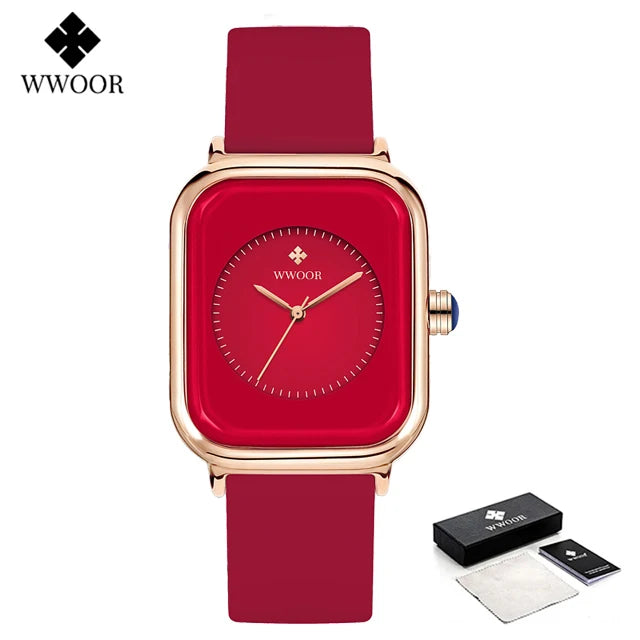 WWOOR Luxury Brand Red Square Watch For Women Quartz Watch Elegant Dress Ladies Wristwatch Simple Female Clock Relogio Feminino