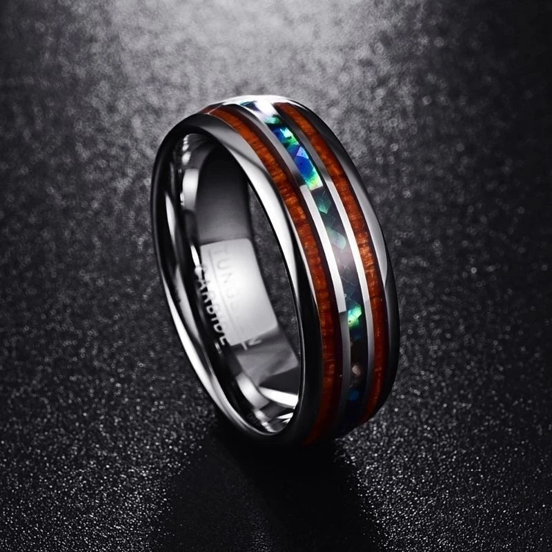 8mm New Fashion Couple Rings Tungsten Carbide Steel Wood Abalone Shell Ring For Men Jewelry Women Wedding Band