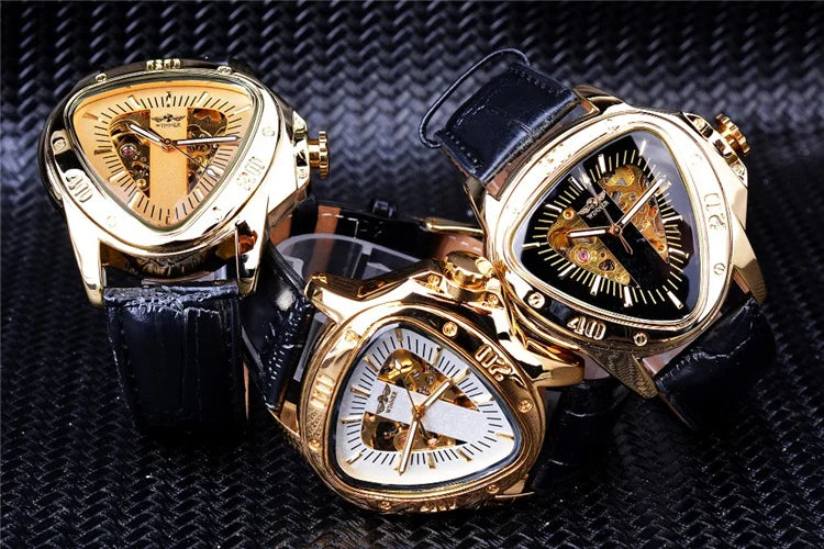 WINNER GMT996 New Selling Triangle Golden Skeleton Leather Watch for Men Mechanical Automatic Sport Mens Watches for Friend