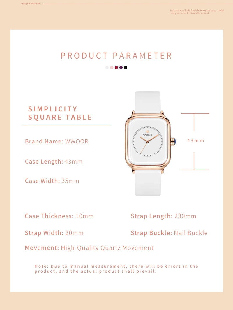 WWOOR Luxury Brand Red Square Watch For Women Quartz Watch Elegant Dress Ladies Wristwatch Simple Female Clock Relogio Feminino
