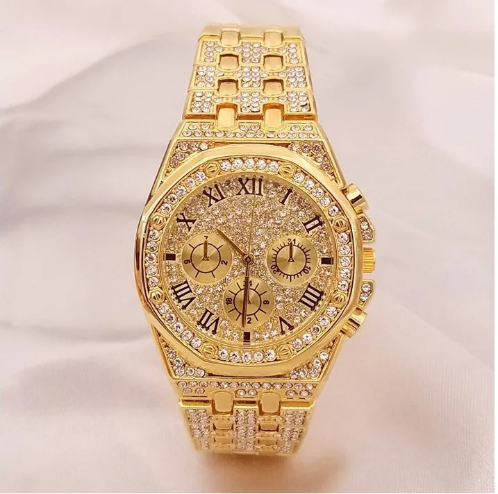 2022 Reloj Hombre Ice Out Watches Luxury Business Yellow Gold Watches Men Full Rhinestone Quartz Wristwatches Male Clock