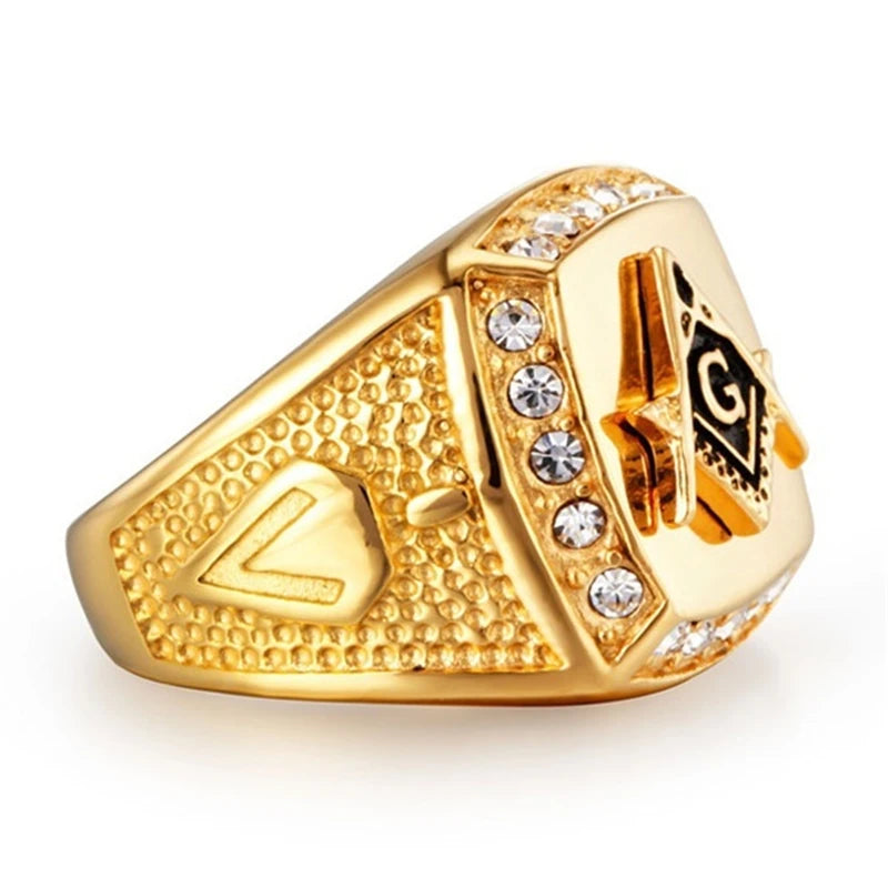 Vintage Ring For Men Masonic Bands Letter Crystal Inlaid Jewelry Anniversary Men Christmas Gift Finger Ring
