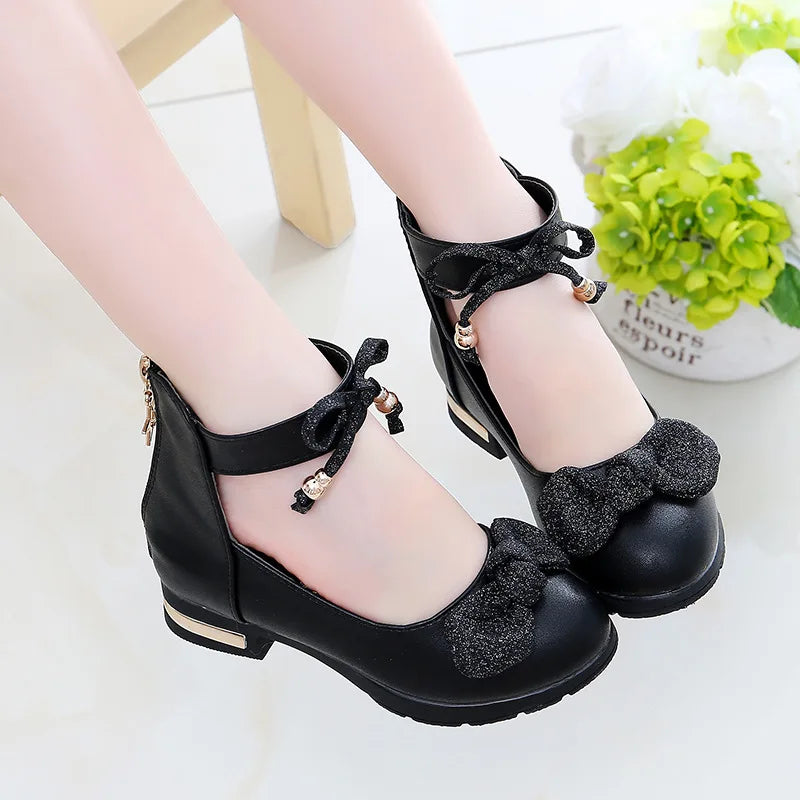 Children's Single Shoes New Girls Low-heeled Square Bow Princess Dance Shoes Student Performance Leather Shoes B122