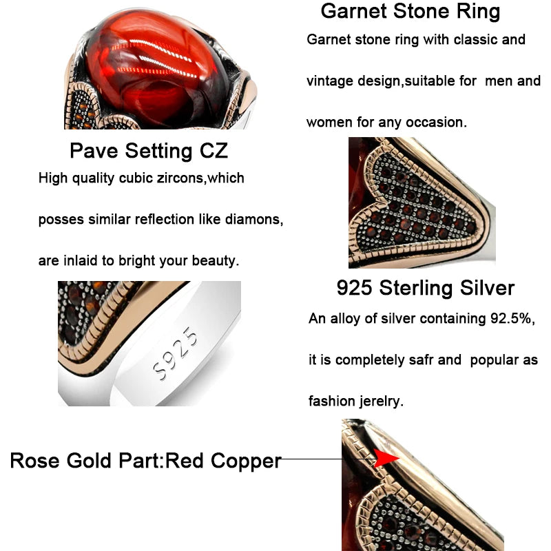 925 Silver Men's Ring Red Garnet Stone Vintage Handmade Turkish Ring for Women Rock Jewelry Christmas Gift for Women Gemstone