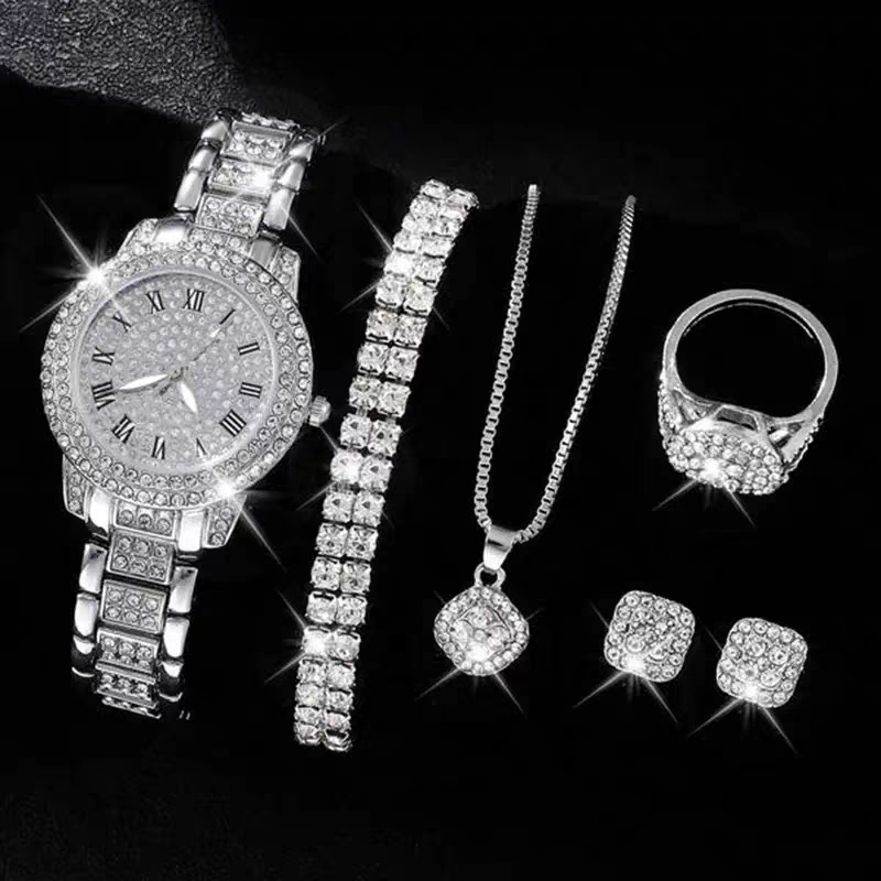 Starry Women's Watch Necklace Bracelet Ear Studs Three-Piece Set Women's Watch with Diamonds Suit Fashion Quartz Watch
