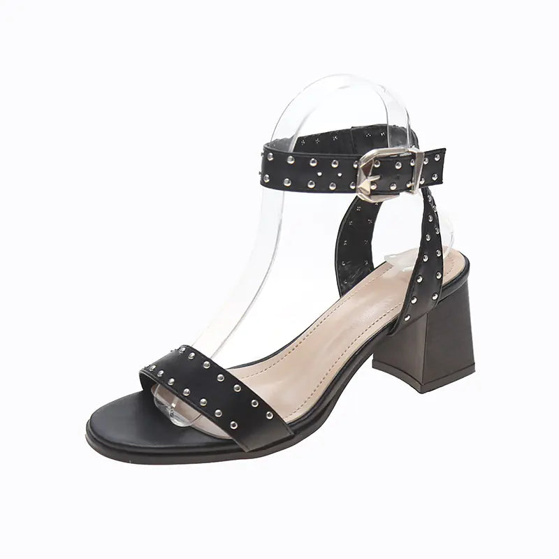 Black Studded Roman Sandals with Thick High Heels