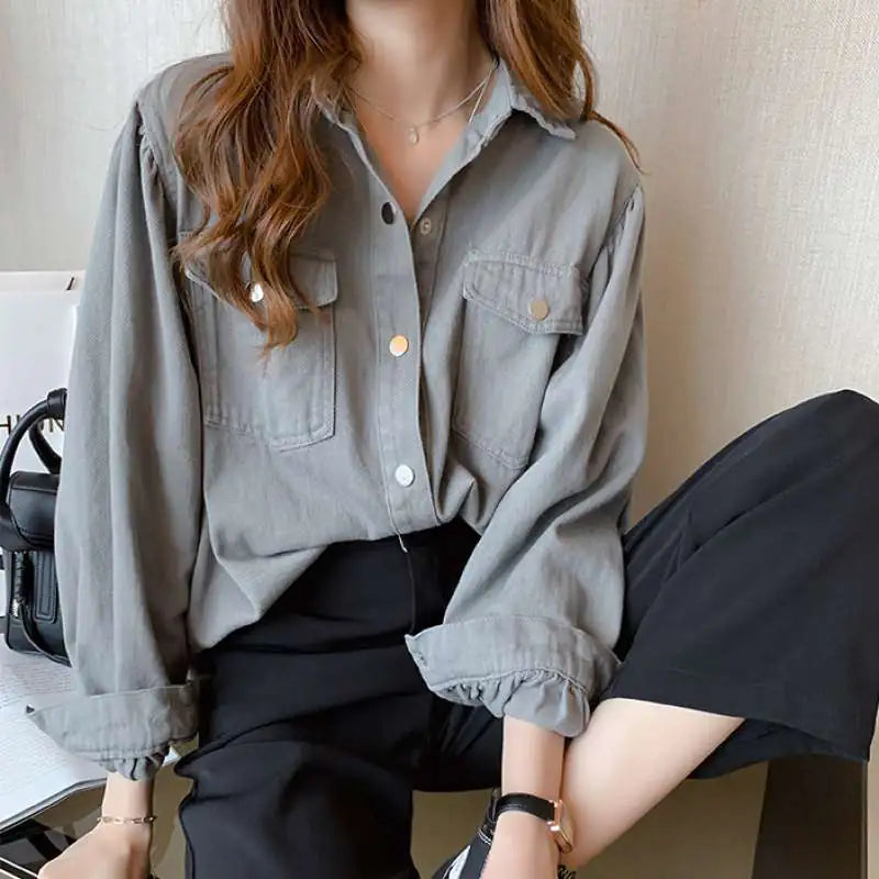 Spring Fashion Solid Long Sleeve Blouses with Pockets