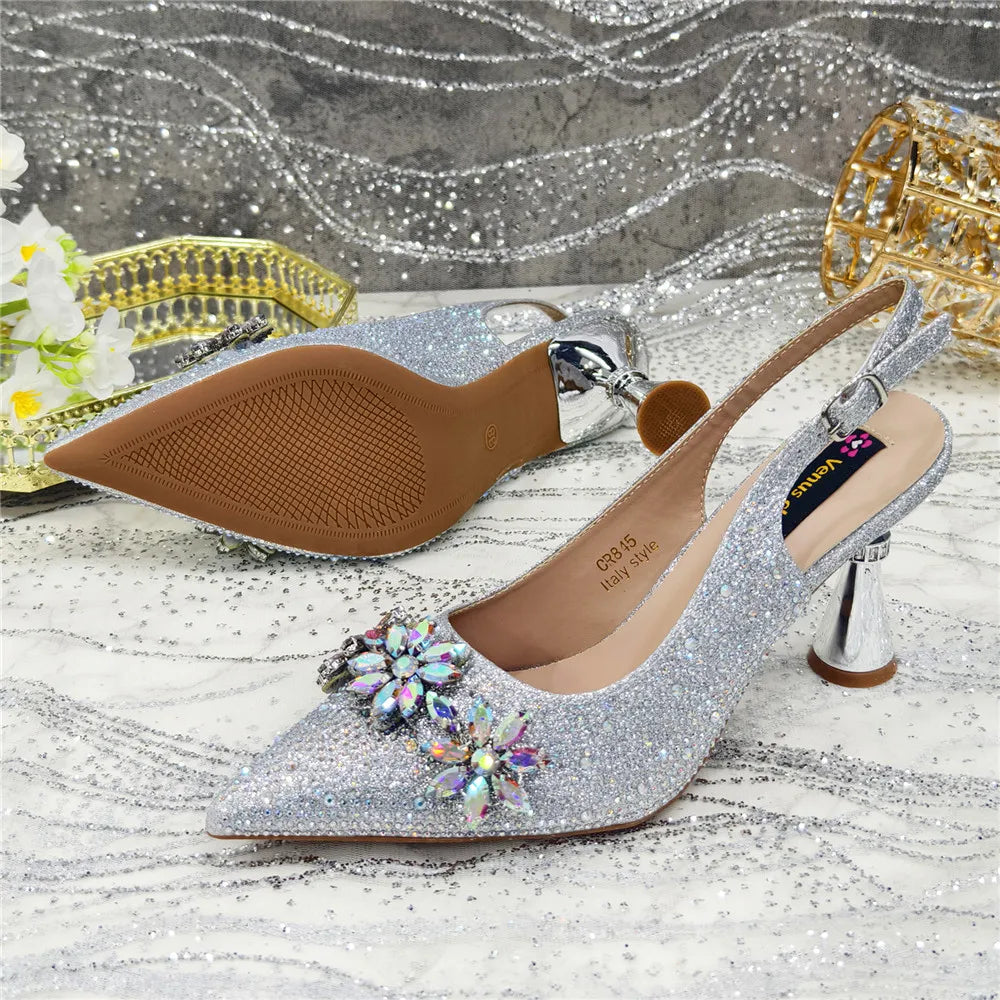 Popularity Pointed Toe High Heels Shoes and Bags Set With Rhinestone for Women Wedding Party Elegant Luxury Fashion