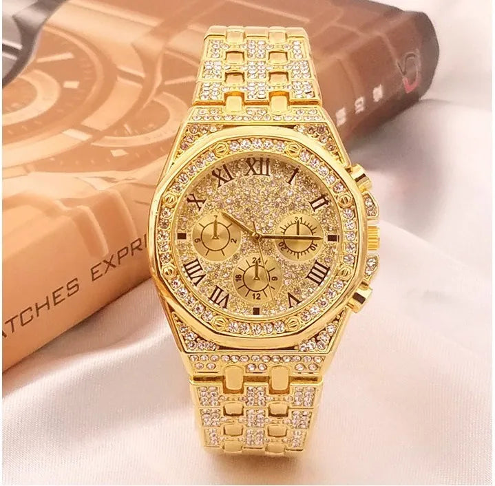2022 Reloj Hombre Ice Out Watches Luxury Business Yellow Gold Watches Men Full Rhinestone Quartz Wristwatches Male Clock