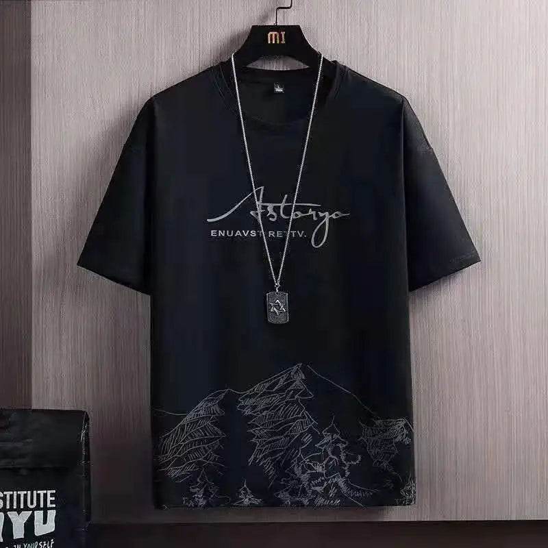 (T-Shirt + shorts)2025 summer men fashion short sleeve t shirts men's casual elastic waist shirts men Two-piece Suit M-5XL