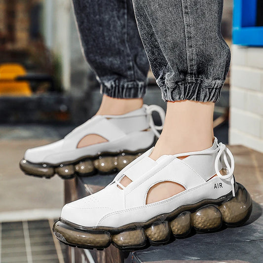New popcorn cushioned soft sole coconut shoes low top casual sports shoes men's leather summer hollow fashion sandals