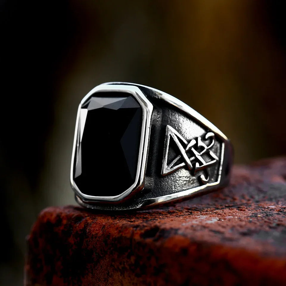 2024 New Updated Design Lucifer Satan Signet Ring For Men With Black Stone Stainless Steel Vintage Jewelry Gift Wholesale