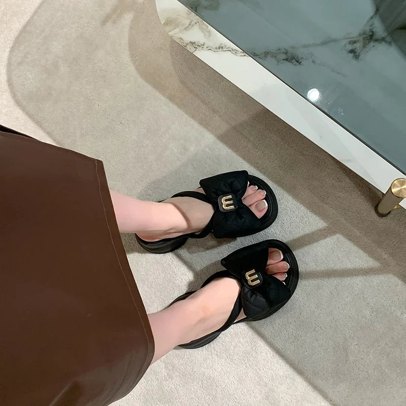 Women's Sandals New Korean Edition Casual Beach Shoes Versatile Thick Sole Shoes Bow Slippers Women's Outwear Summer
